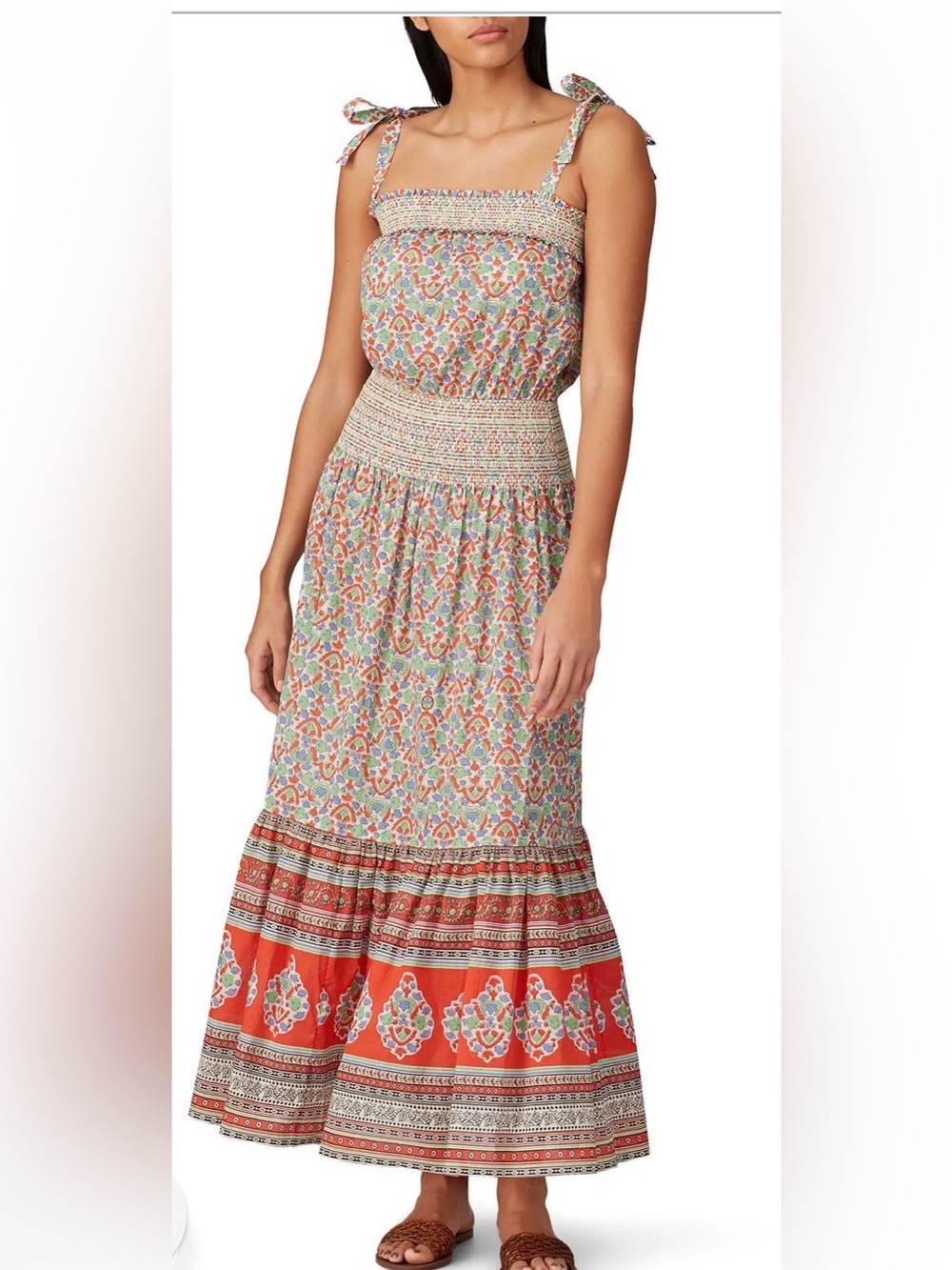Tory Burch Smocked Strapless Maxi Dress in Red, Green & Blue Floral